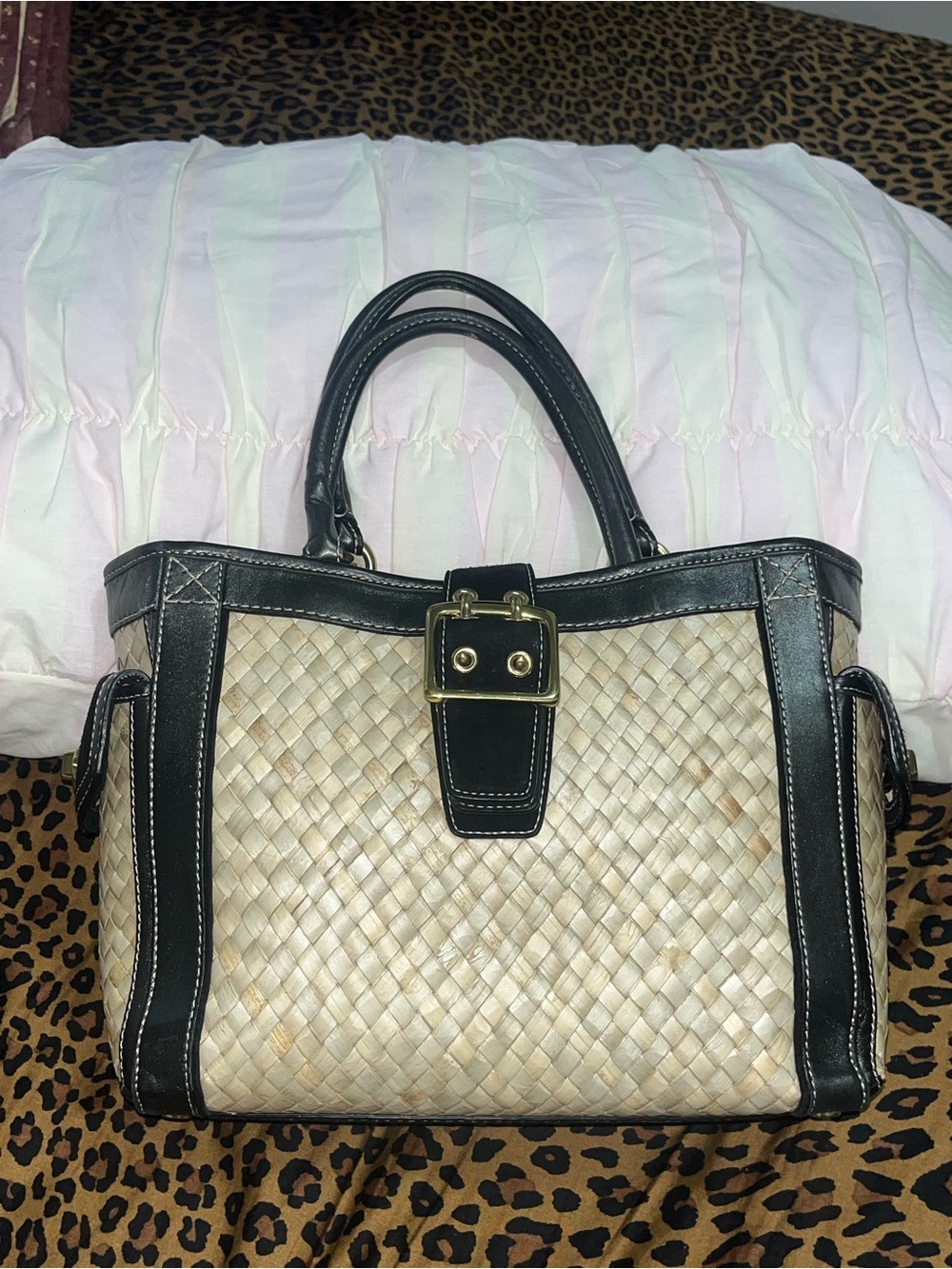 Coach Beige Woven Tote with Black Trim